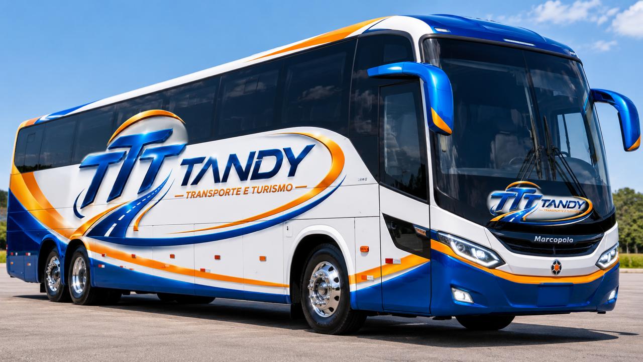 Ônibus com a identidade azul, branca e laranja da TANDY